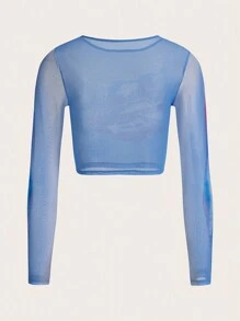 SHEIN ICON 女士長袖唇印花寬鬆上衣 - 藍色 - 查看 2