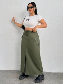 SHEIN EZwear Plus Size Utility Split Skirt - Army Green - View 6