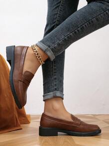 女款春秋休閒百搭正裝鞋低跟圓頭樂福鞋平底鞋