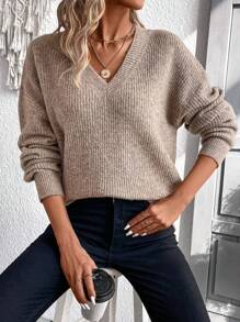 SHEIN LUNE 女款純色下垂肩毛衣 - 卡其色 - 查看 3