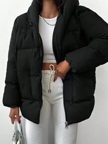 EURMUSE Solid Zip Up Hooded Puffer Coat - Black - View 1