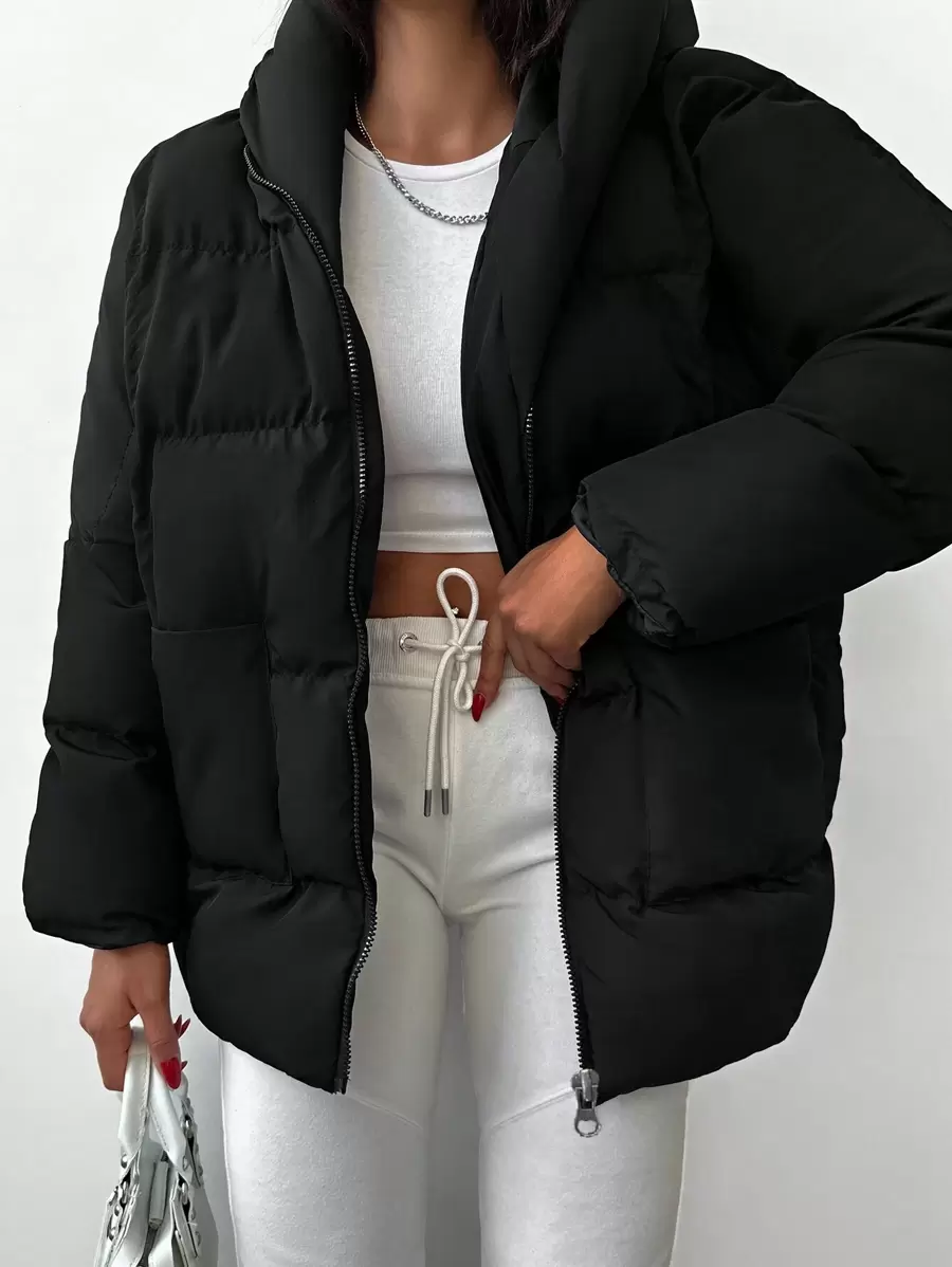 EURMUSE Solid Zip Up Hooded Puffer Coat - Black - View 1