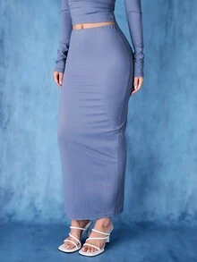 SHEIN BAE 純色高腰半身裙 - 藍色 - 查看 3