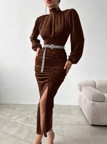 EURMUSE 褶襉設計高開衩燈籠袖連身裙 - 棕色 - 查看 3