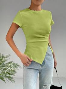 SHEIN Essnce 不對稱襯衫 T 恤,短袖 - 綠色 - 查看 4