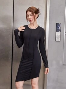 SHEIN Teenage Girls' Knitted Solid Color Asymmetrical Hem Round Neck Long Sleeve Dress - Black - View 3