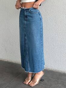 SHEIN Cottnline High Waisted Denim Skirt With Frayed Hem - Blue - View 6