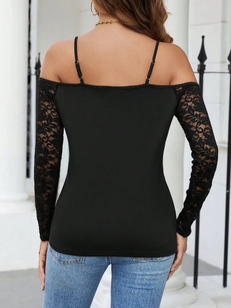 Women's Solid Color Lace Stitching Open Shoulder T-Shirt