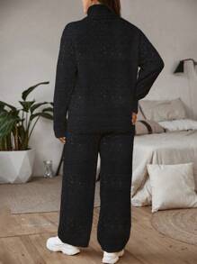 Flirla Plus Size Women's High Neck Long Sleeve Sweater And Pants Two Piece Set - Black - View 2