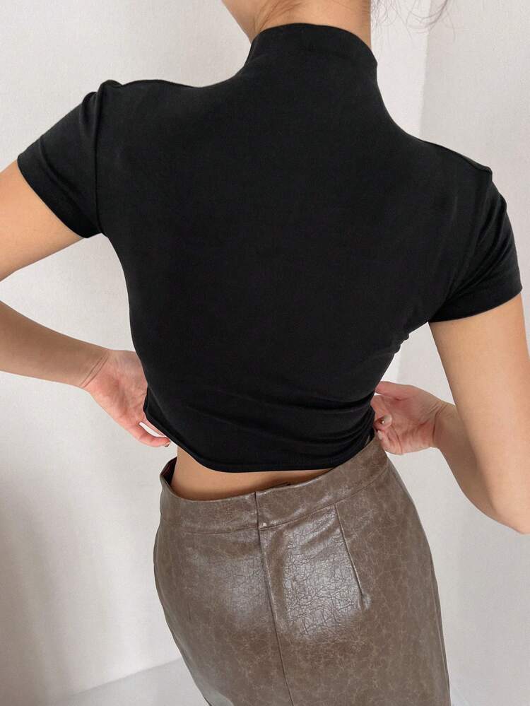 Women's Solid Color Stand Collar Slim Fit T-shirt
