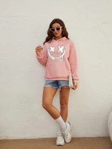 SHEIN EZwear 女款帶笑臉印花的帽衫 - 粉色 - 查看 6