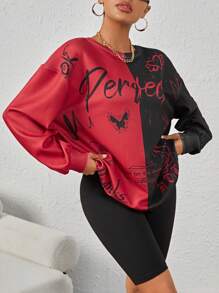 SHEIN EZwear Graffiti Print Color Block Drop Shoulder Sweatshirt - Burgundy - View 3