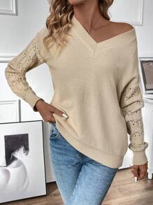 V-Neckline Drop Shoulder Casual Pullover Knit Pullover Fall Winter Sweater - Khaki - View 5