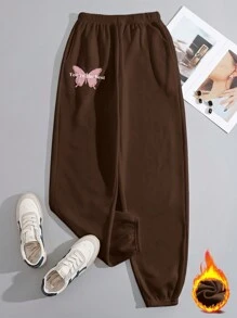 SHEIN Unity 蝴蝶與字母印花彈性腰運動褲 - 棕色 - 查看 1