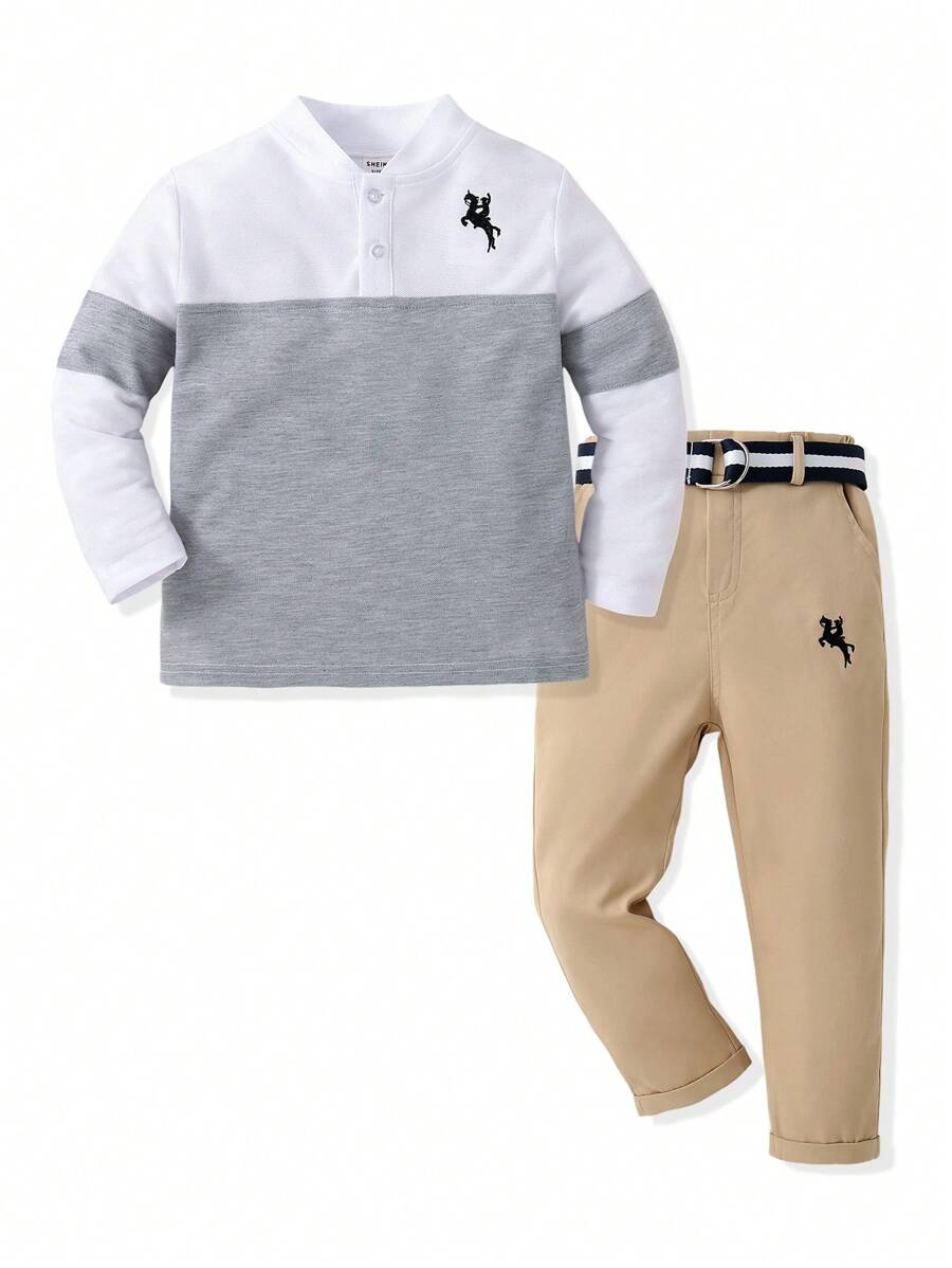 SHEIN 男孩2入組休閒時尚色塊馬繡長袖襯衫和時尚褲帶套裝,適合旅行、派對和節日 - 淺灰色 - 查看 1