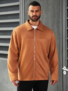 Manfinity Homme Men's Plus Size Zip-Up Front Collar Turn-Down Jacket - Brown - View 5