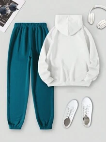 SHEIN EZwear 休閒2入組連帽衫和褲子套裝,印有字母 - 藍白色 - 查看 2