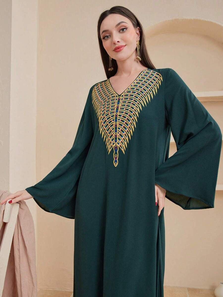 Al Najma 女士刺繡擴口袖長袍 - 墨綠色 - 查看 1
