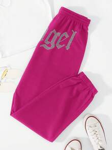 SHEIN Unity 女式鑽石及字母印花運動褲,帶彈性口袋 - 玫紅色 - 查看 2