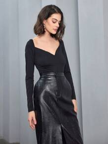 Anewsta 甜心領口長袖連身衣 - 黑色 - 查看 6