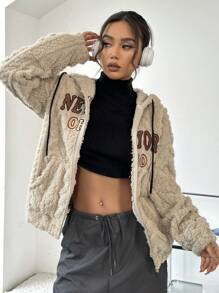 SHEIN Unity 女士字母刺繡拉鍊連帽外套 - 杏色 - 查看 4