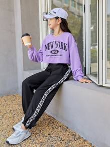 SHEIN 女孩針織字母短袖衫和鬆緊針織彈性腰短褲套裝 - 彩色 - 查看 1