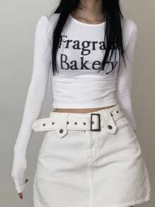 Women's Short Cropped T-Shirt With Letter Print Long Sleeve Women - White - View 4