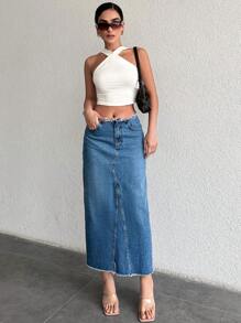 SHEIN Cottnline High Waisted Denim Skirt With Frayed Hem - Blue - View 3