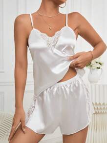 蕾丝拼接吊带睡衣套装白色套装 - 白色 - 查看 3