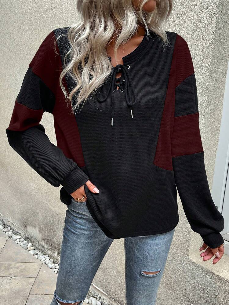 Color Block V Neck Criss Cross Tie Long Sleeve Casual T-shirt