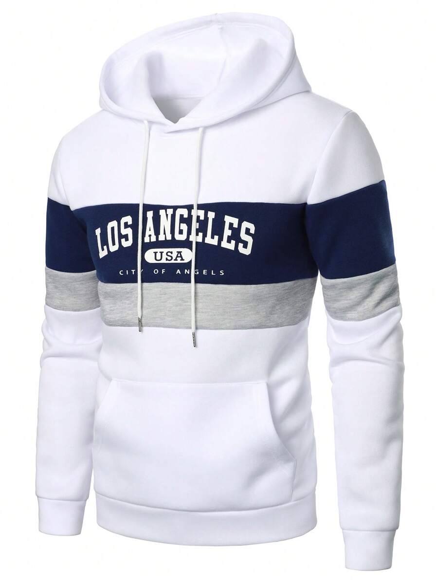 Manfinity Homme Herrtröja med huva och färgblock, långärmad, avslappnad utekväll med text och bokstavstryck, present till pojkvännen, för hösten - Vitt - Visa 1