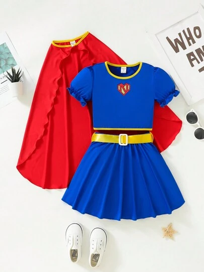 Young Girl Frill Trim Cartoon Top And Pleated Skirt Set With Cape, Costume Set, 3pcs