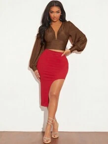SHEIN SXY Deep V Neckline Ruched Tight Bodysuit - Chocolate Brown - View 3