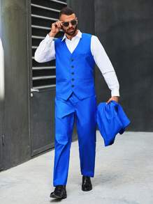 Manfinity AFTRDRK 男士大尺碼長袖西裝外套、背心和褲子套裝 - 藍色 - 查看 5