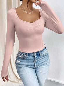 SHEIN Essnce 心形領長袖t恤 - 淺粉色 - 查看 5