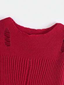 SHEIN MOD 抓絨仿舊長袖毛衣 - 紅色 - 查看 4