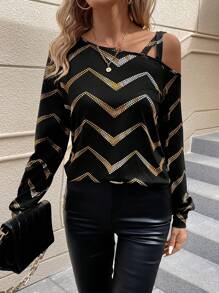 SHEIN Clasi Women’s Houndstooth Print Asymmetric Neckline T-shirt - Multicolor - View 1