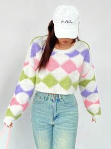 SHEIN EZwear Color Block Geometric Print Drop Shoulder Short Casual Sweater - Multicolor - View 6