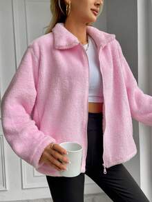 RueChic Chaqueta De Mujer De Hombro Caído De Color Sólido Y Peluda - Rosa - Ver 4