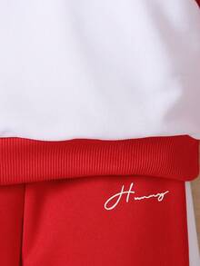 2入組幼童男孩英文字母拼接長袖衛衣和褲子,春秋季圓領款式 - 酒紅色 - 查看 4