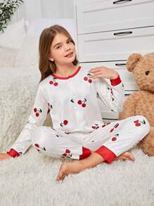 適合青少年女孩穿著的櫻桃印花家居服 - 紅白色 - 查看 1