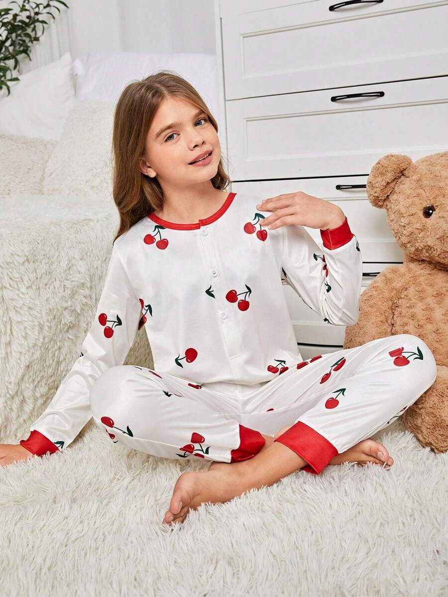 適合青少年女孩穿著的櫻桃印花家居服 - 紅白色 - 查看 1