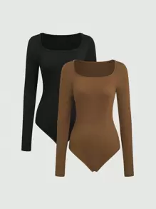 Sweetra Solid Color Long Sleeve Bodysuit - Coffee Brown - View 1