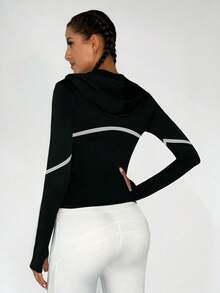 SHEIN Daily&Casual Của phụ nữ Dây kéo mặt trước áo có mũ Phản chiếu Thể thao Áo khoác Với dây rút - màu đen - Xem 2