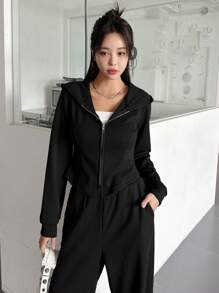 DAZY 女士纯色连帽休闲两件套运动服套装 女士家居服套装 - 黑色 - 查看 5