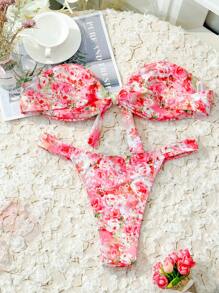 SHEIN Swim Summer Random Floral Print Knot Front Bandeau Bikini Set - Multicolor - View 2