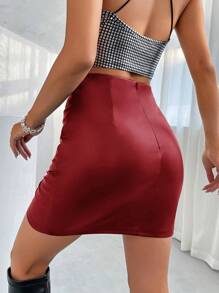 SHEIN BAE 女士閉合式微卷裙,褶邊搭配迷你長度 - 紅色 - 查看 2