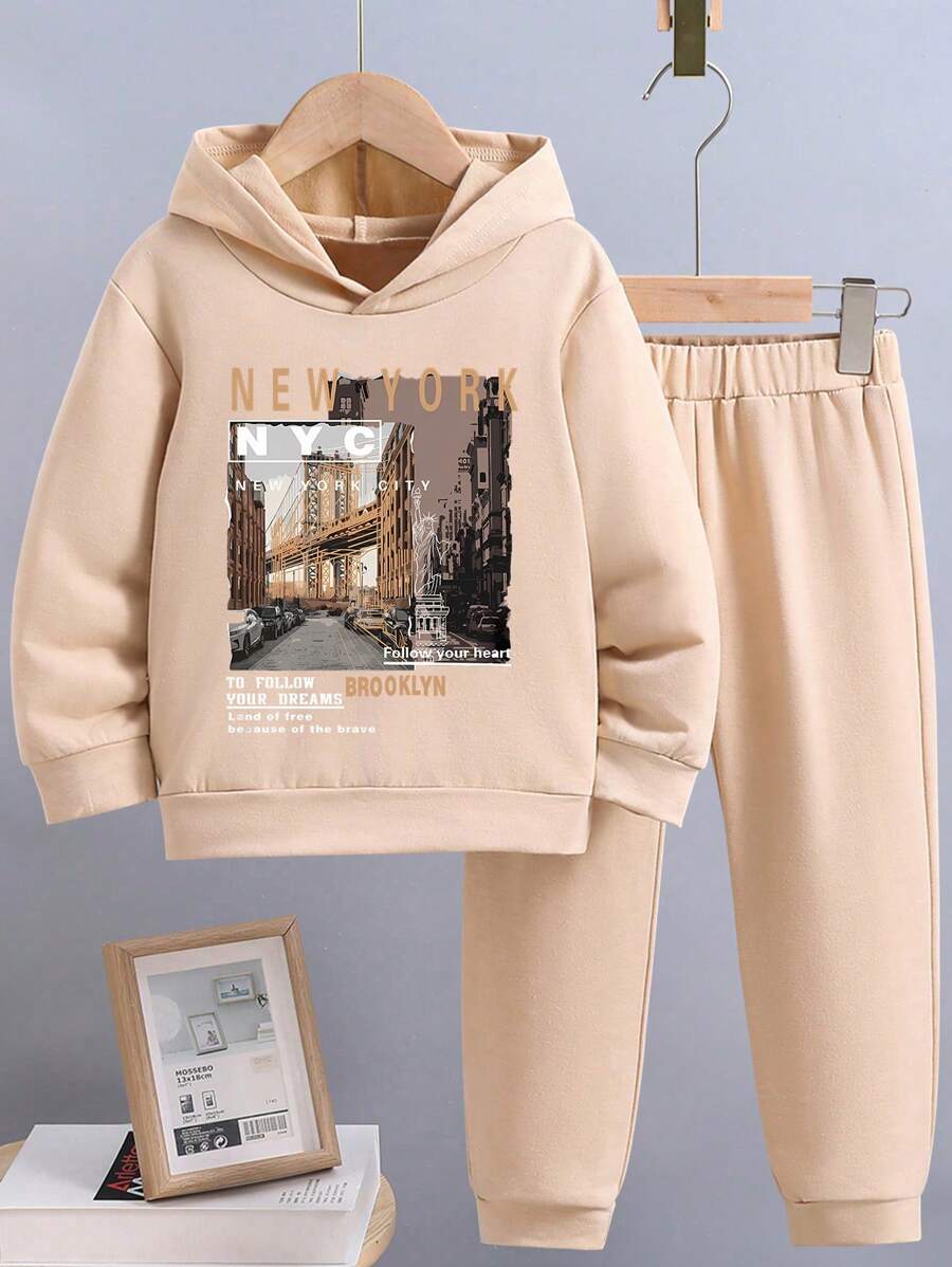 青少年男孩風景印花連帽衫和運動褲 - 卡其色 - 查看 1