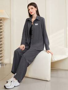 Mulvari Two Piece Set With Long Sleeve Shirt And Wide Leg Pants - Dark Grey - View 5