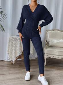 SHEIN Essnce Solid Color V-neck Batwing Sleeve Top And Pants Set - Navy Blue - View 3